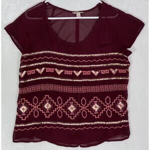 Arizona Jeans Sheer Red Sequined Blouse boho tunic shirt size XL women